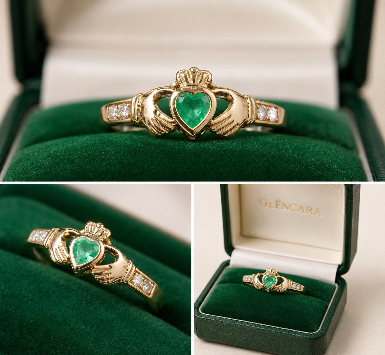 10K Yellow Gold Emerald & Diamond Claddagh Ring + Crystal Necklace (Never Worn)