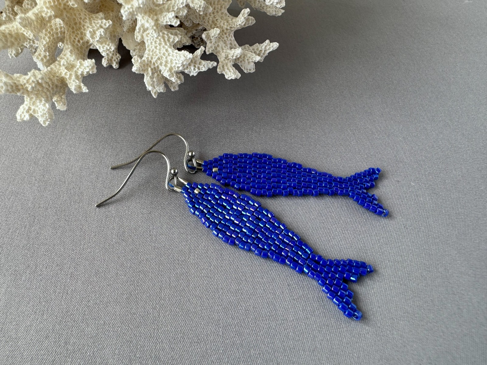 Cobalt Blue Beaded Fish Earrings, Handmade Miyuki Seed Bead Sardine Earrings