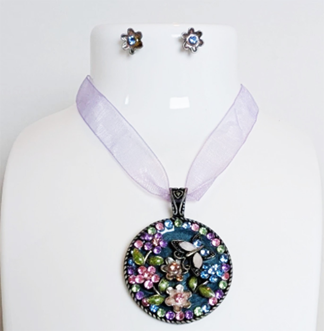 DESIGNER INSPIRED 19 in VICTORIAN CRYSTAL BUTTERFLY FLORAL SILVER JEWELRY SET
