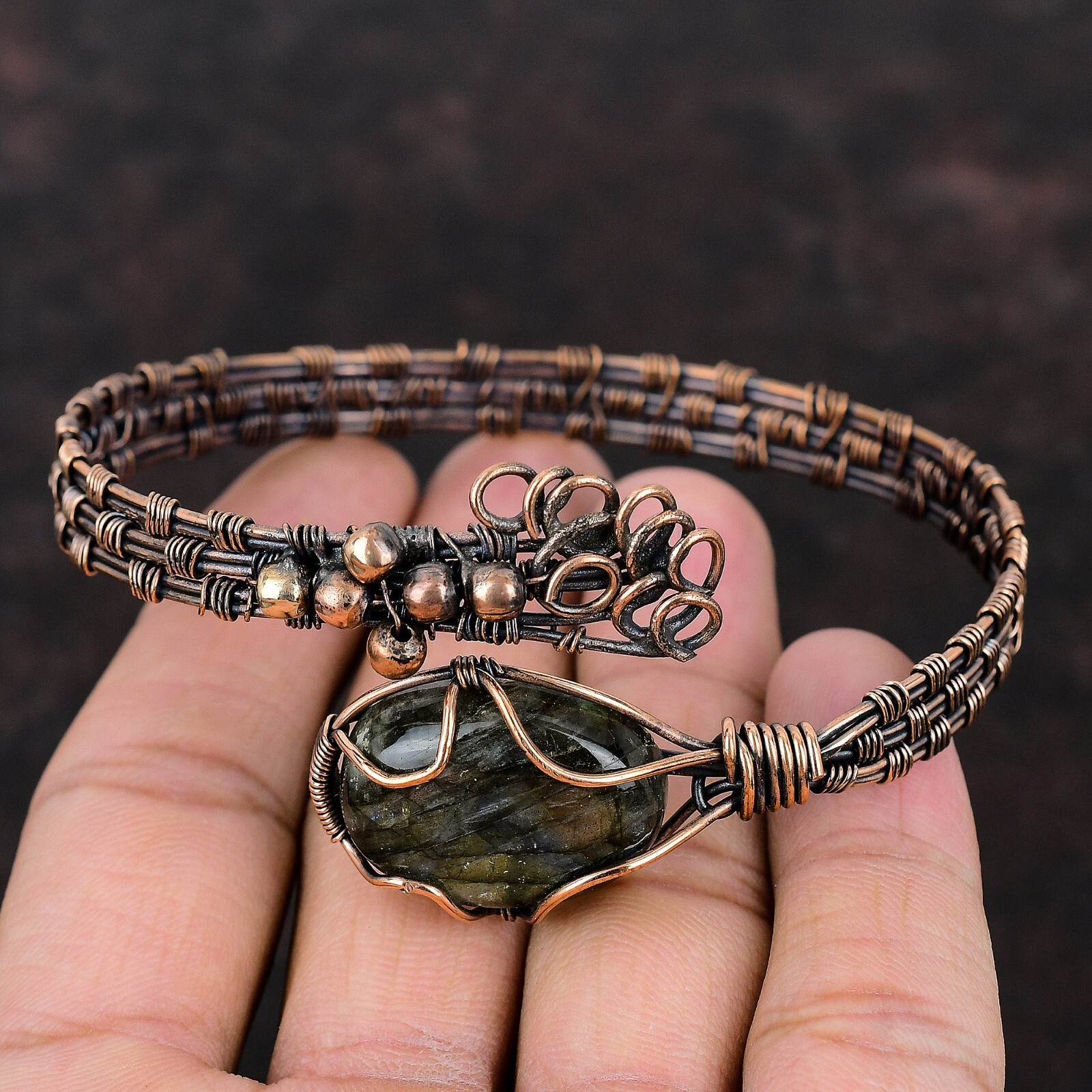 Labradorite Copper Gift For Bridesmaid Wire Wrapped Adjustable Bangle