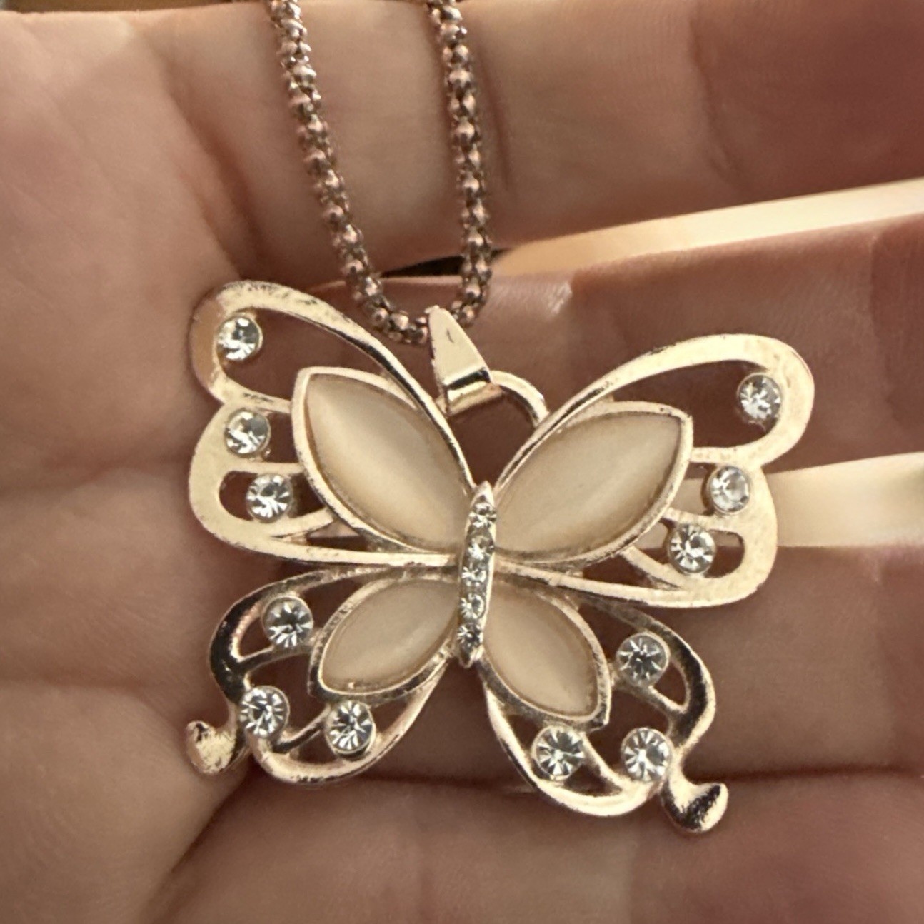 Lotus Moth Flower Peach Opalescent Charm Pendant Necklace Yoga Zen 28.5”