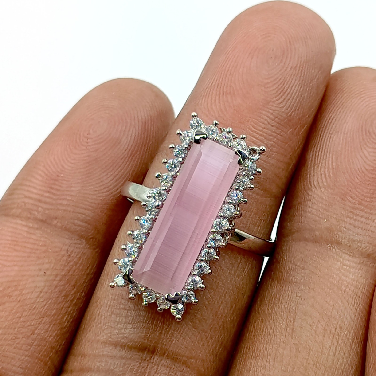 Dainty Pink Chalcedony & CZ Ring Adjustable Size White Plated Elegant Gift