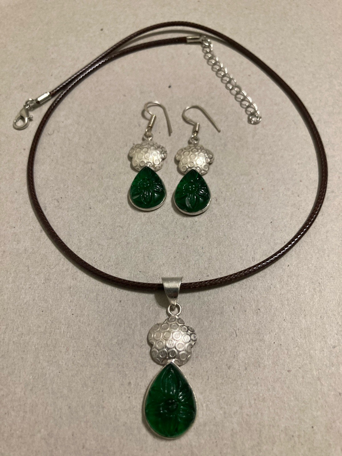 Green Chromium Diopside Earrings Necklace Pendant Jewelry Set Flower Teardrop