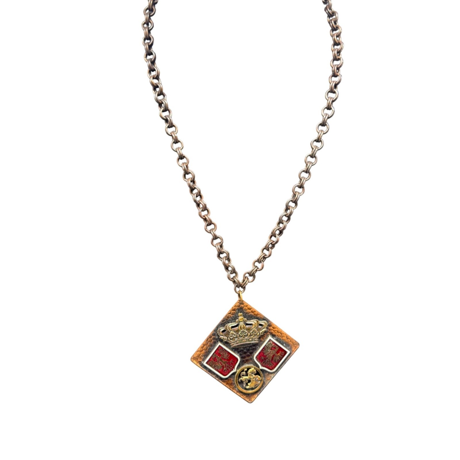 Hammered Royal Crown Eagle Symbol Pendant Chain Necklace Brass Tone
