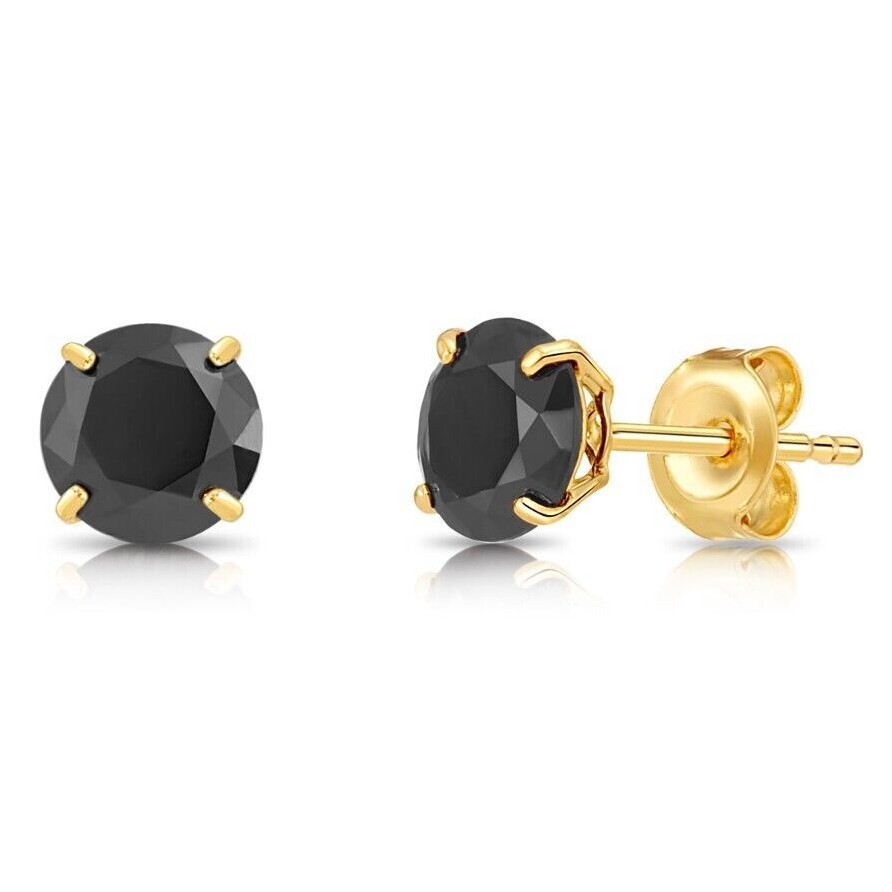 10K Real Solid Gold Solitaire Black Onyx CZ Stud Earrings Sleeper Studs All Size