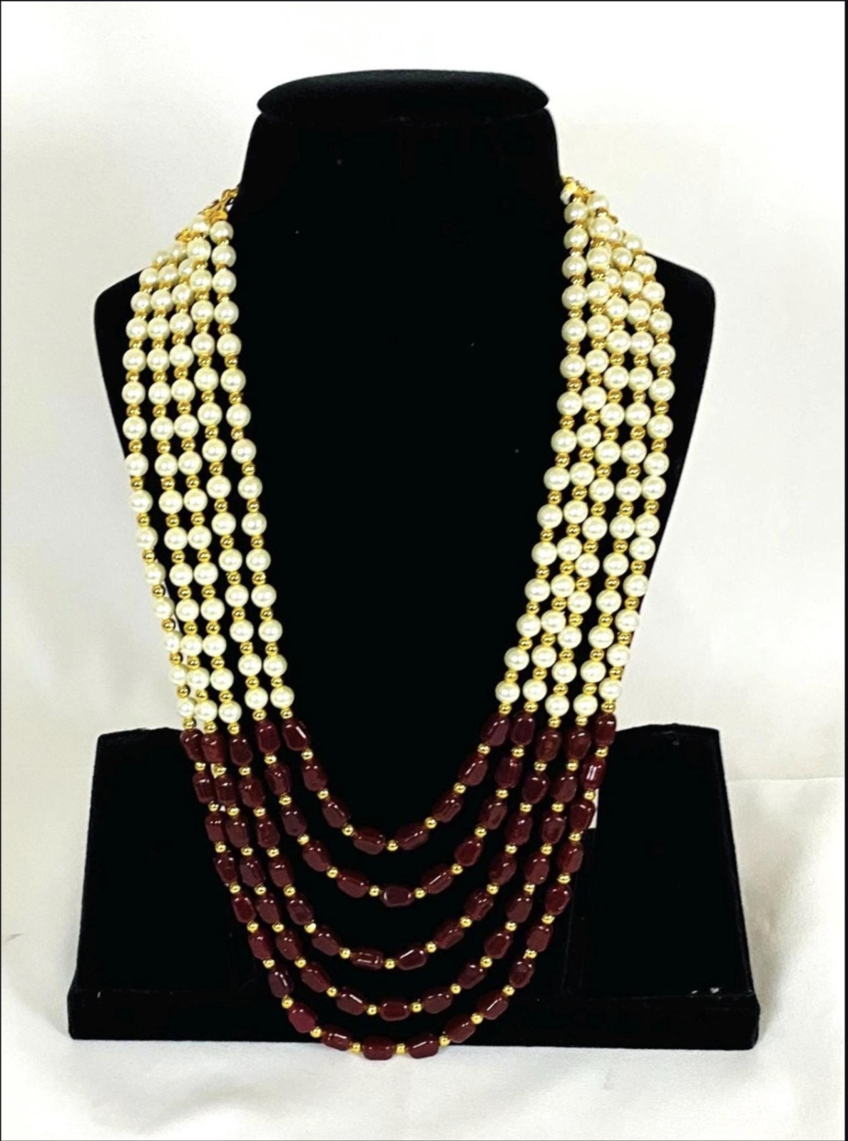 Layered Beaded Statement Necklace with Imitation Pearl and Maroon Beads
