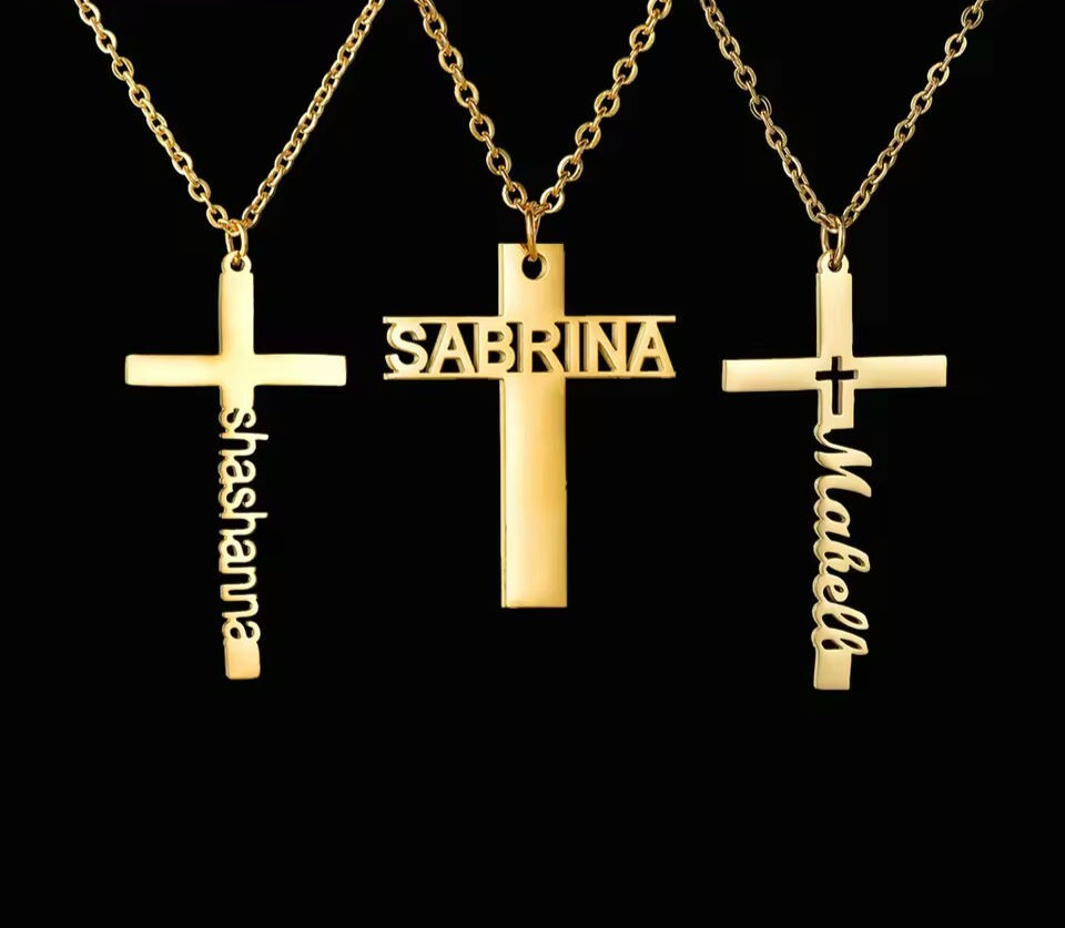 Custom Cross Name Necklace Jewelry Stainless Steel Men Women Silver Gold Pendant