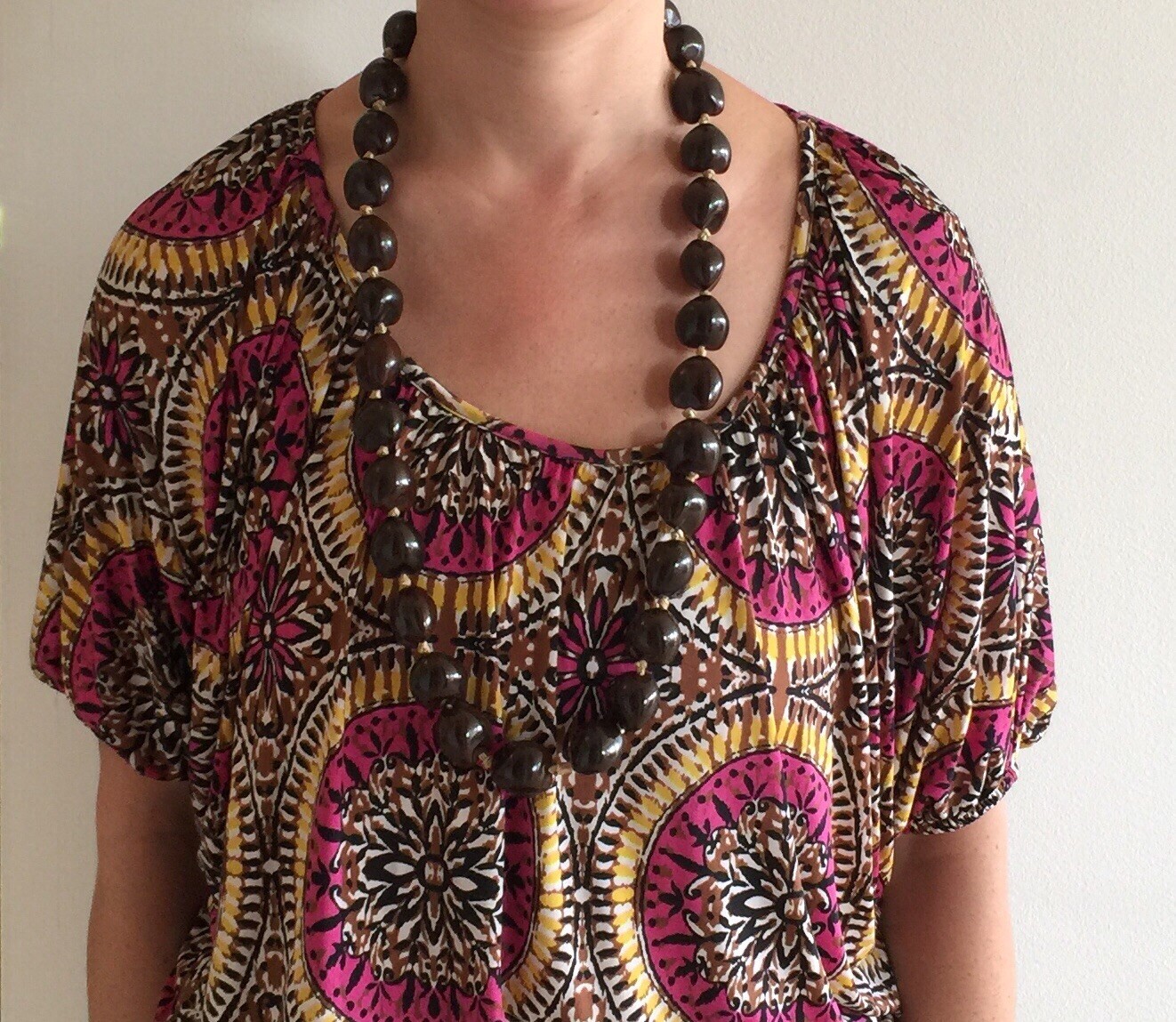 Kukui Hawaiian Lei Brown Necklace on Beige Ribbon from Hawaii