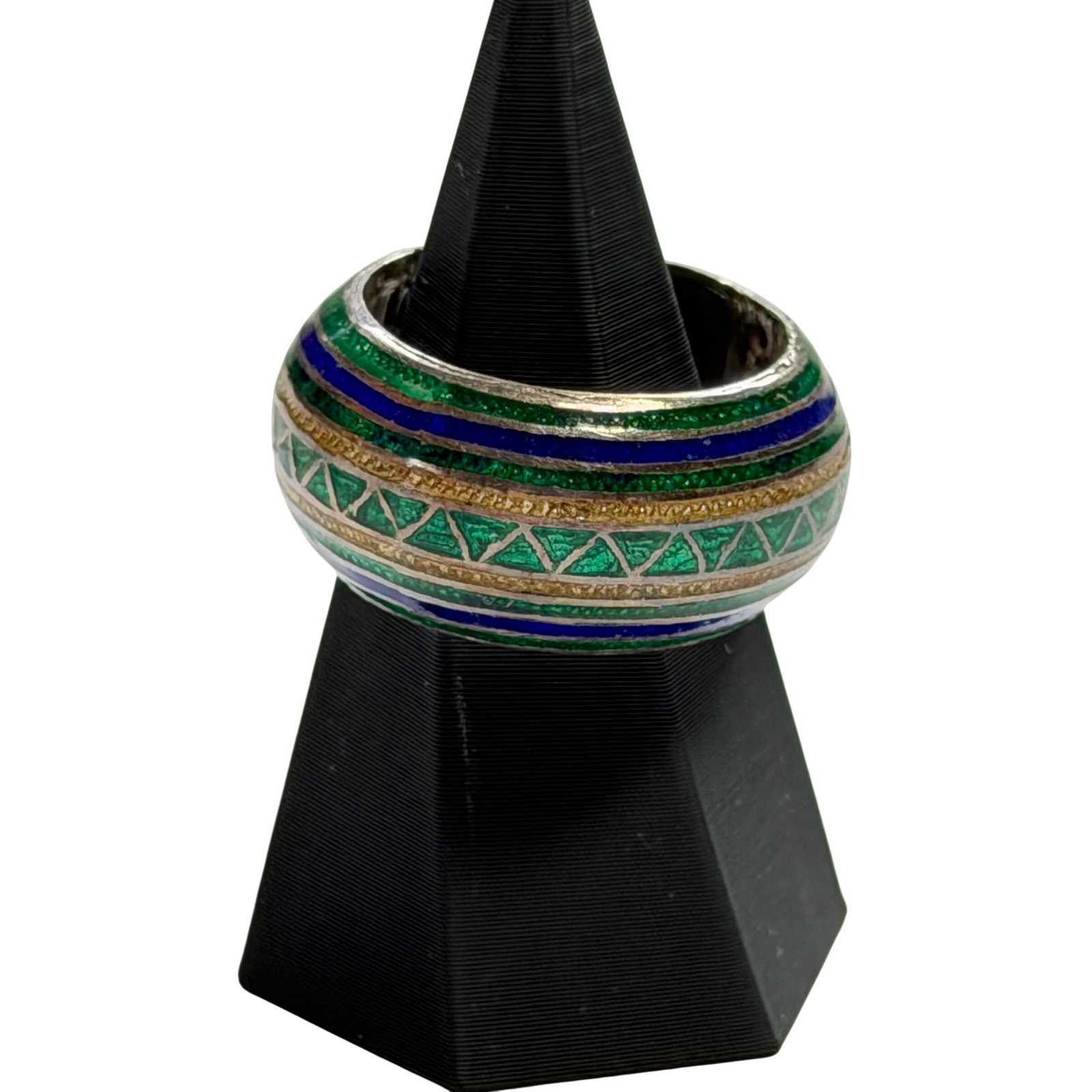Silver 925 Sterling Silver Enamel Dome Band Ring Green Blue Gold Size 8