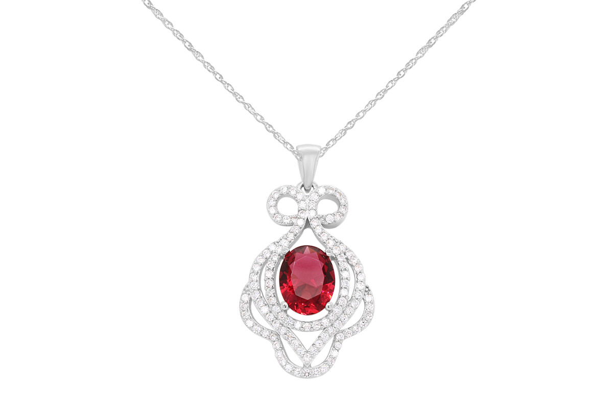 Ruby & Cubic Zirconia Pendant and Dangle Earrings Set 14K White Gold Plated
