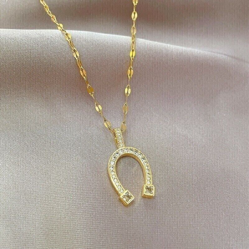 2 Ct Round Cut Simulated Diamond Horseshoe Pendant 14k Yellow Gold Plated Silver