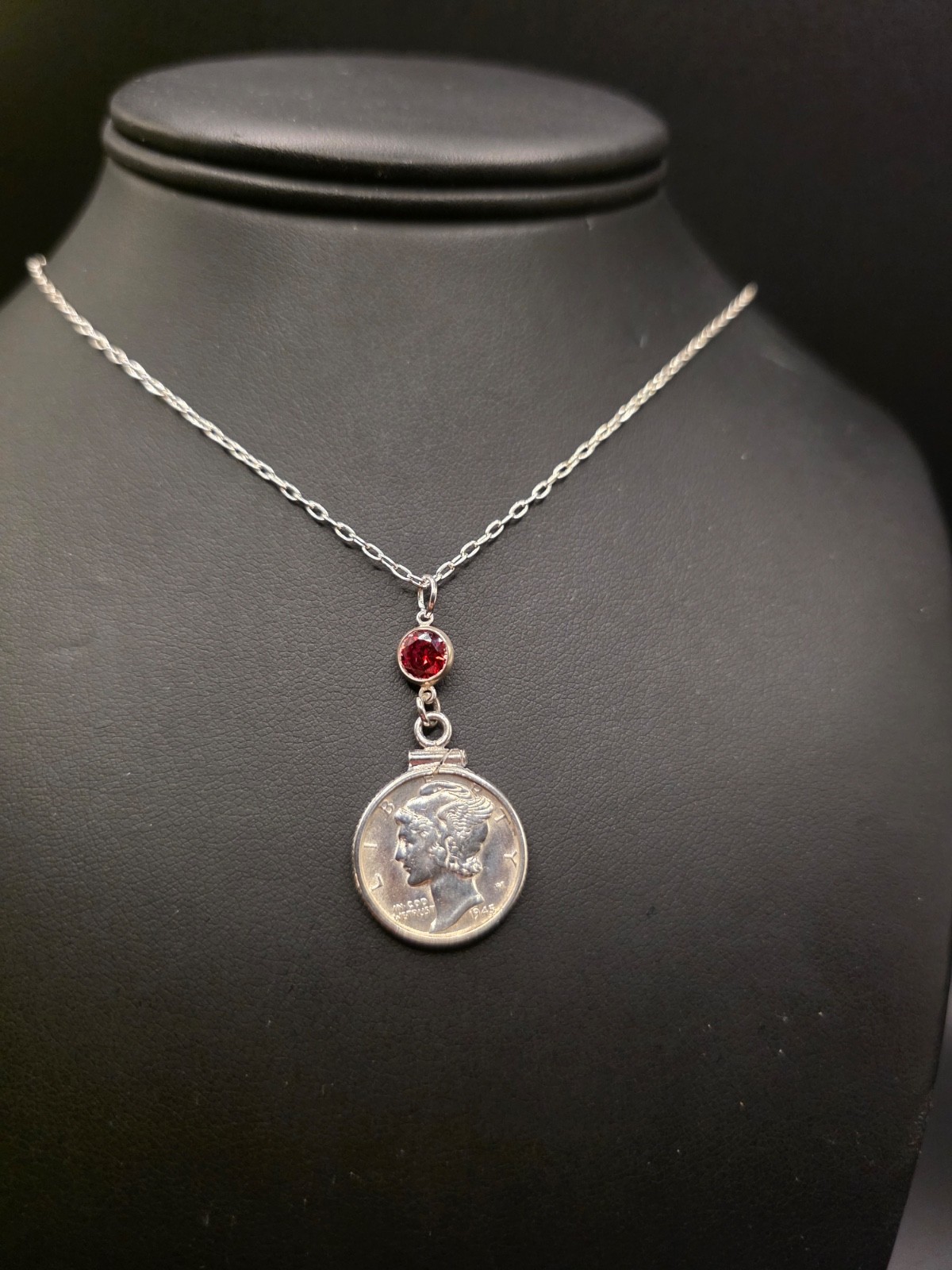 Vintage Mercury Dime Necklace in Sterling Silver 925 / Coin & ruby red CZ stone