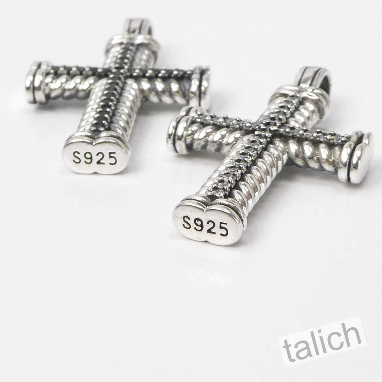 925 Sterling Silver Twist Rope Small Cross Pendant with Clear or Black CZ Pave