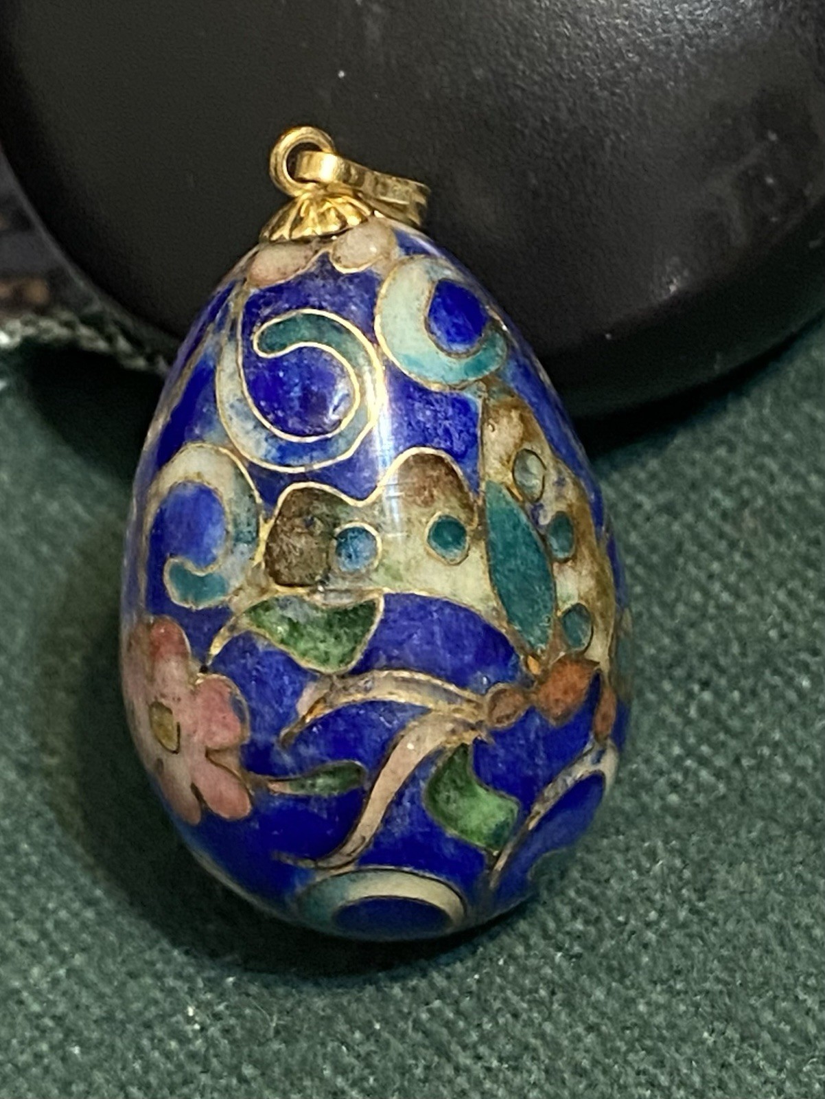 Pendant Cloisonne Egg Shape Blue w/ Butterfly Gold Color Bail 1 1/4″