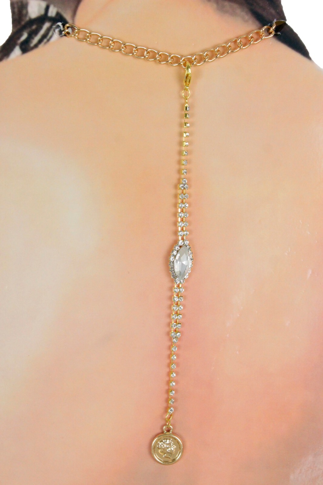 Women Open Back Dressy Long Necklace Pendant Gold Metal Chain Links Coin Charm