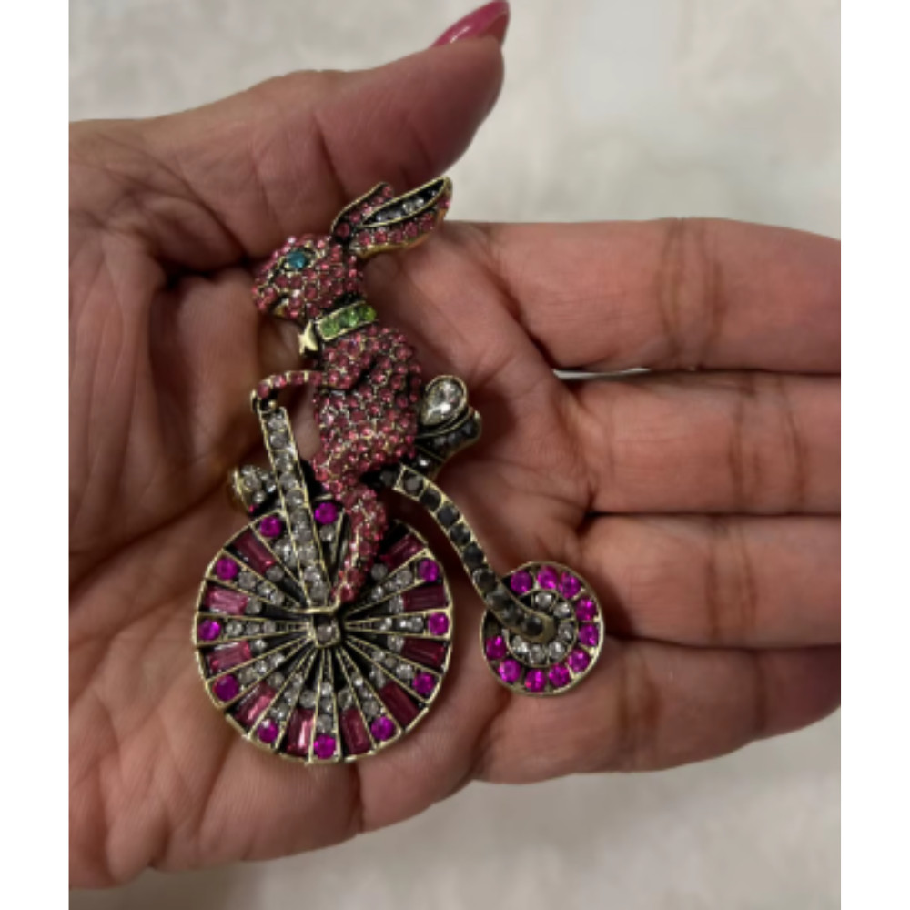 Easter Spring Bunny Brooch Rhinestone Riding Rabbit Animal Pin Gift Jewelry USA