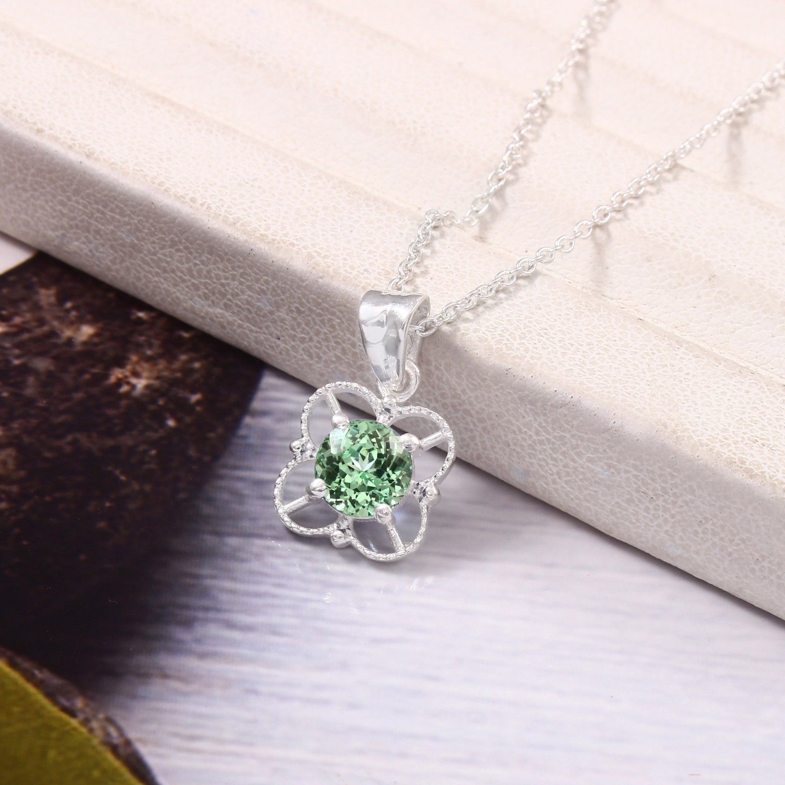 Green Sapphire Necklace, Sterling Silver Pendant, Round Cut 6×6 MM Proposal Gift