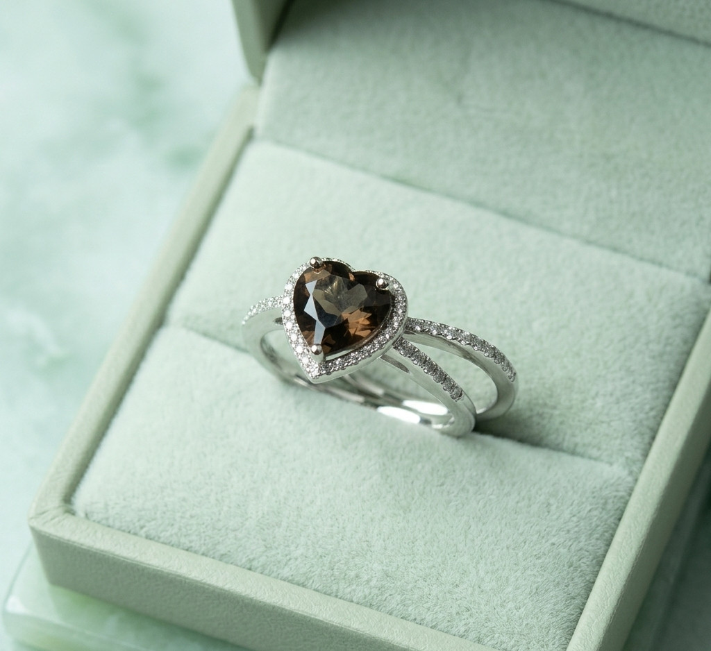 Heart Shaped Smoky Quartz, Sterling Silver Halo Engagement Ring,