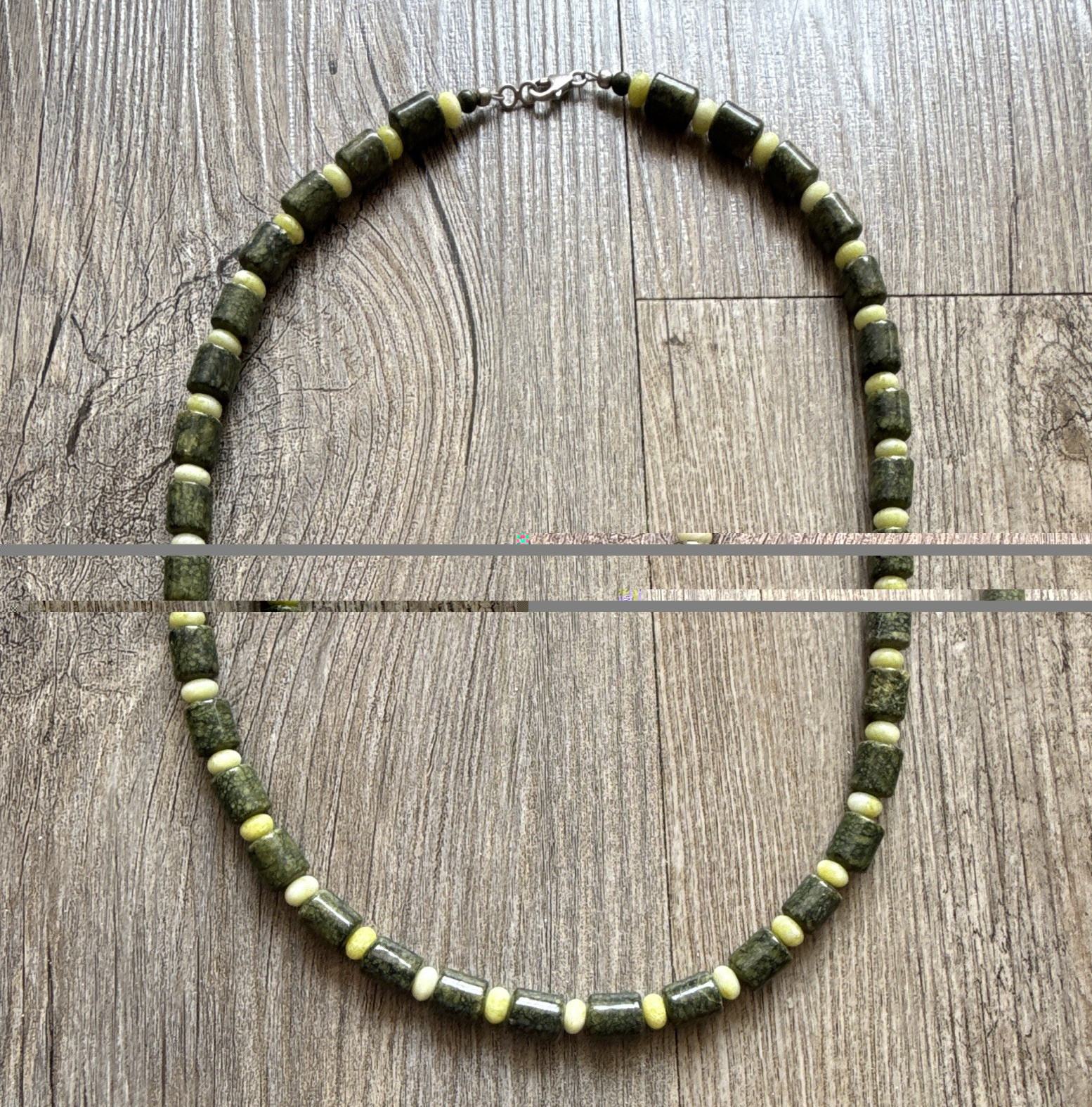Green serpentine and Yellow Jade beaded necklace with silver lobster claw