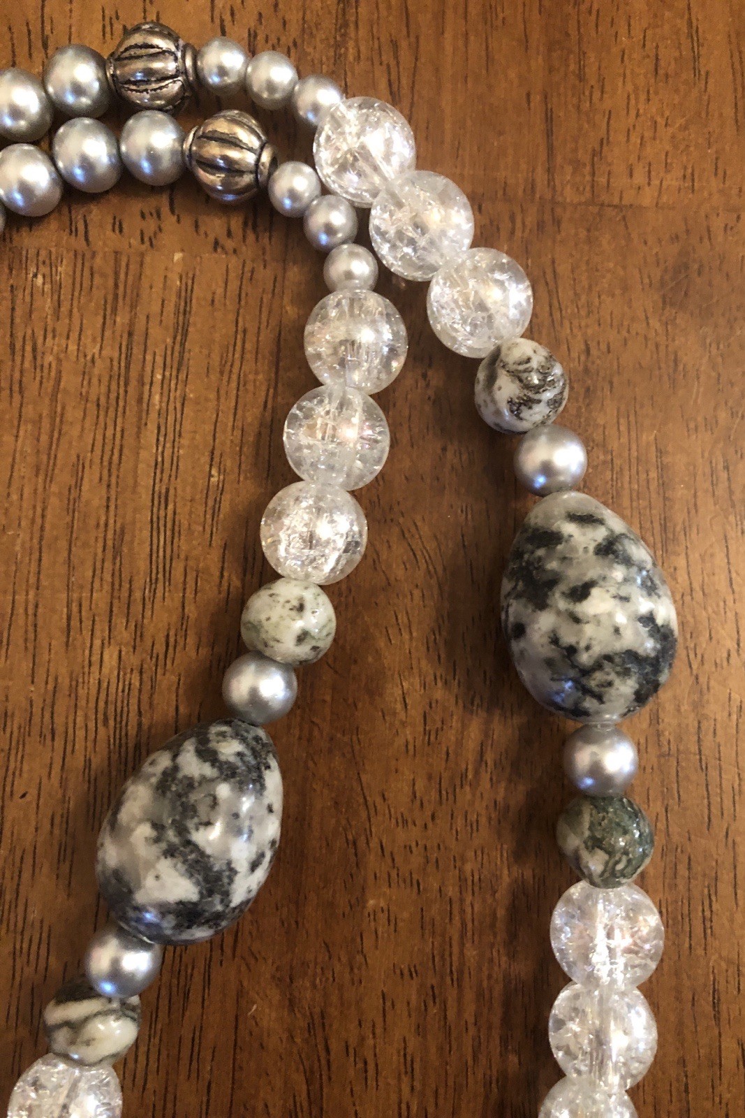 Heavy Mixed Beaded Necklace Rustic Silver Tone Pendant 23.5 In (T1)