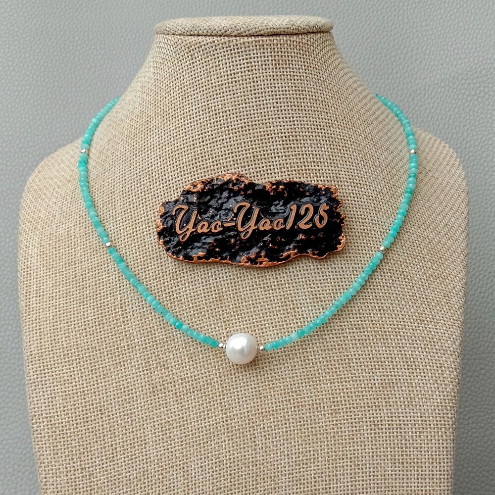 Natural Green Peruvian Amazonite White Pearl Necklace 17”