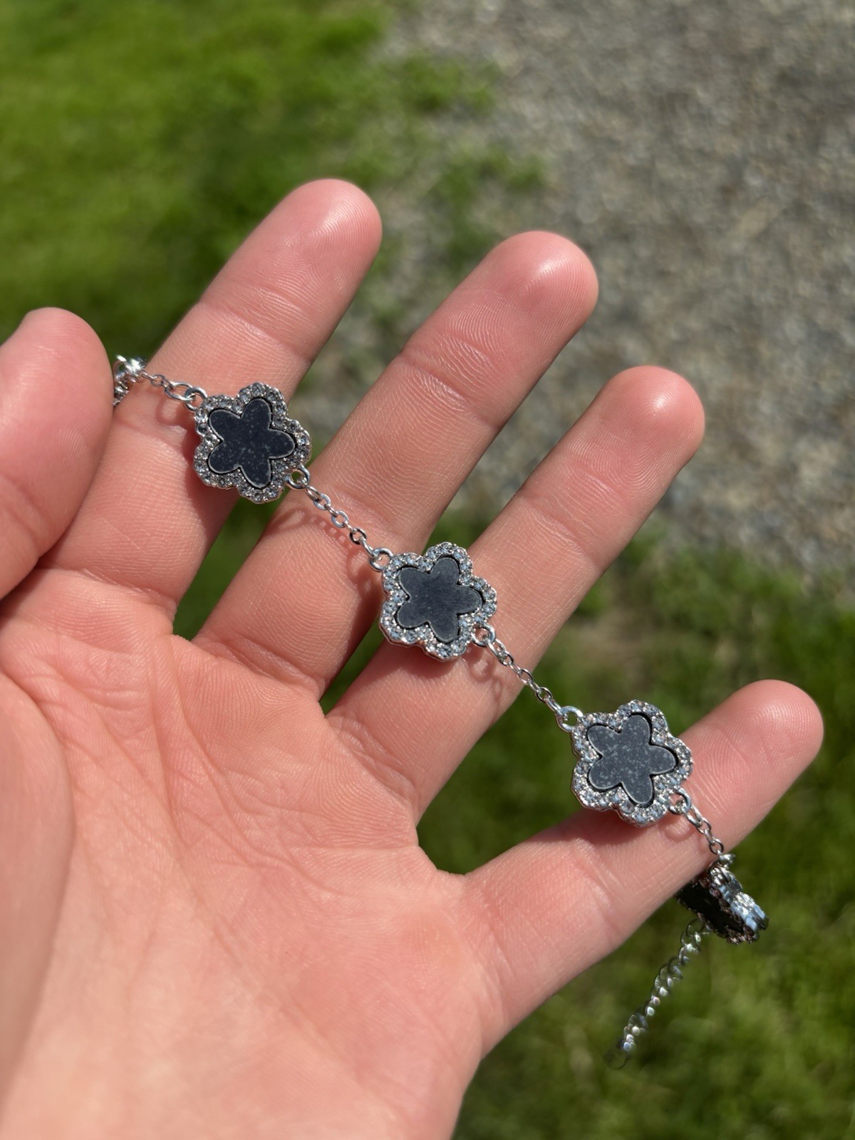 Adjustable 7-8.5 Inches Silver Tone black Clover bracelet with cubic zirconia