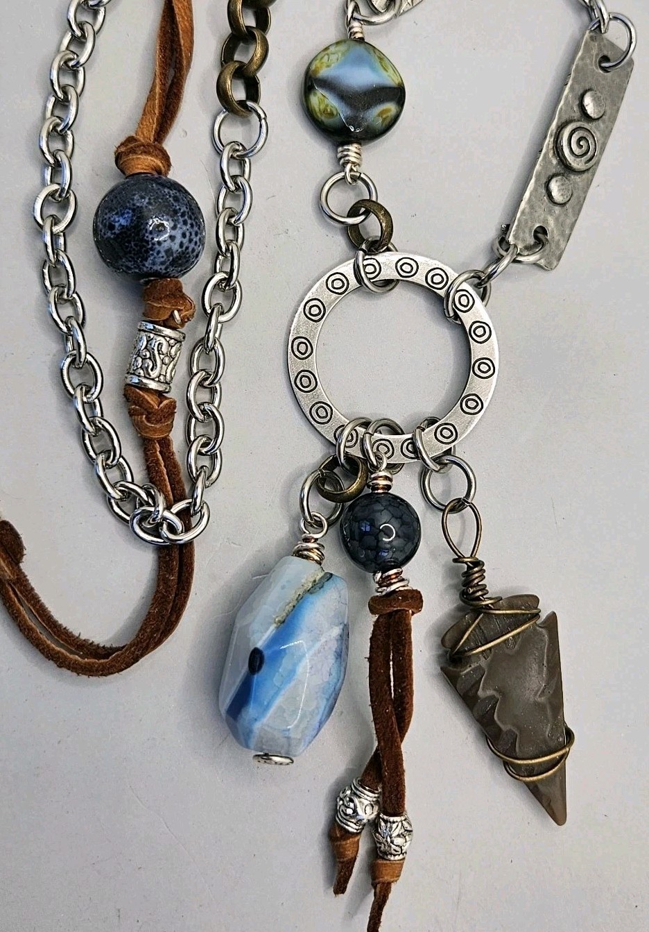 Silver Boho Pendant Necklace Cord Mixed Metals Beaded Arrow Head Stone Charms
