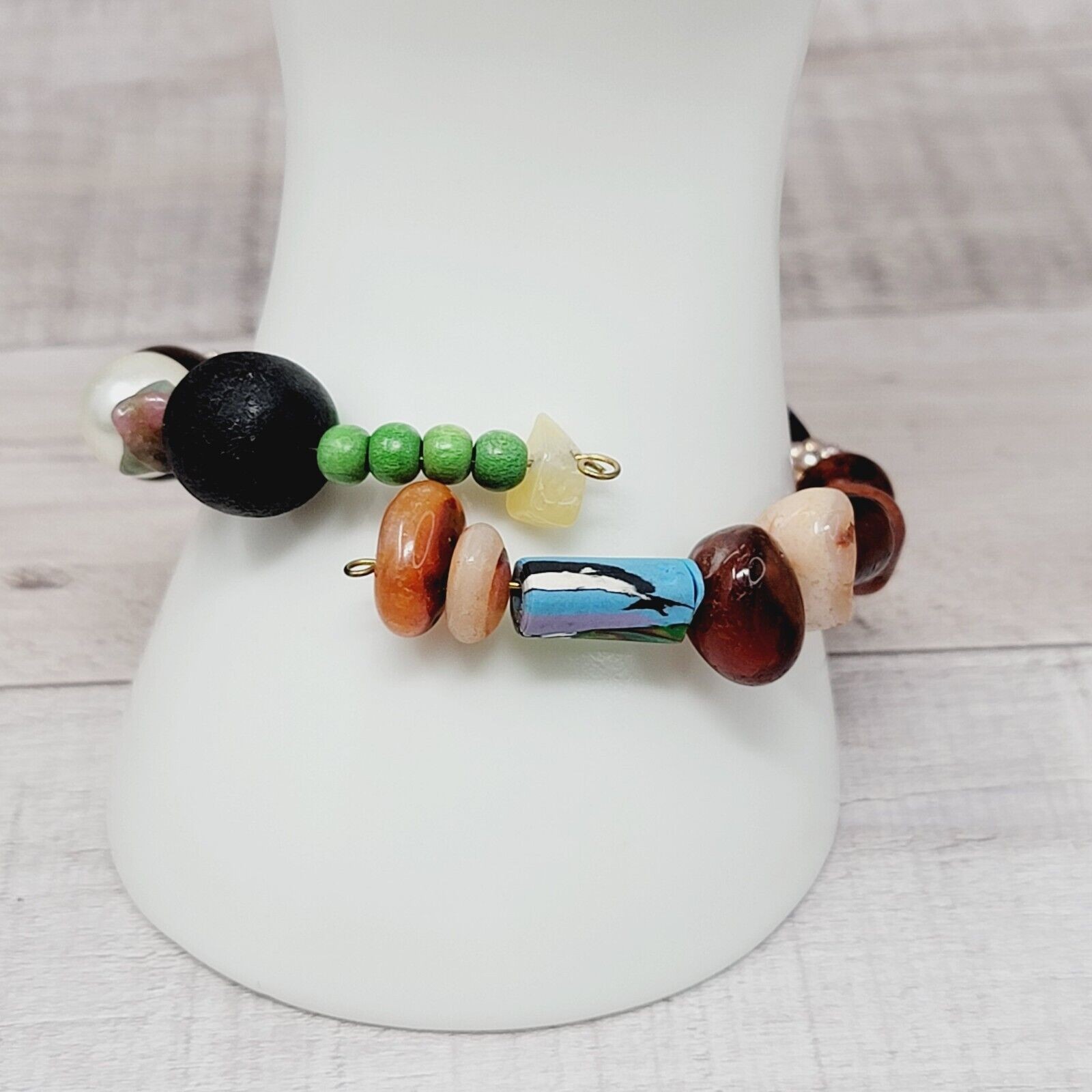 Memory Wire Bracelet Natural Stone Wood Acrylic Glass Beads Multi Color 6″ to 8″