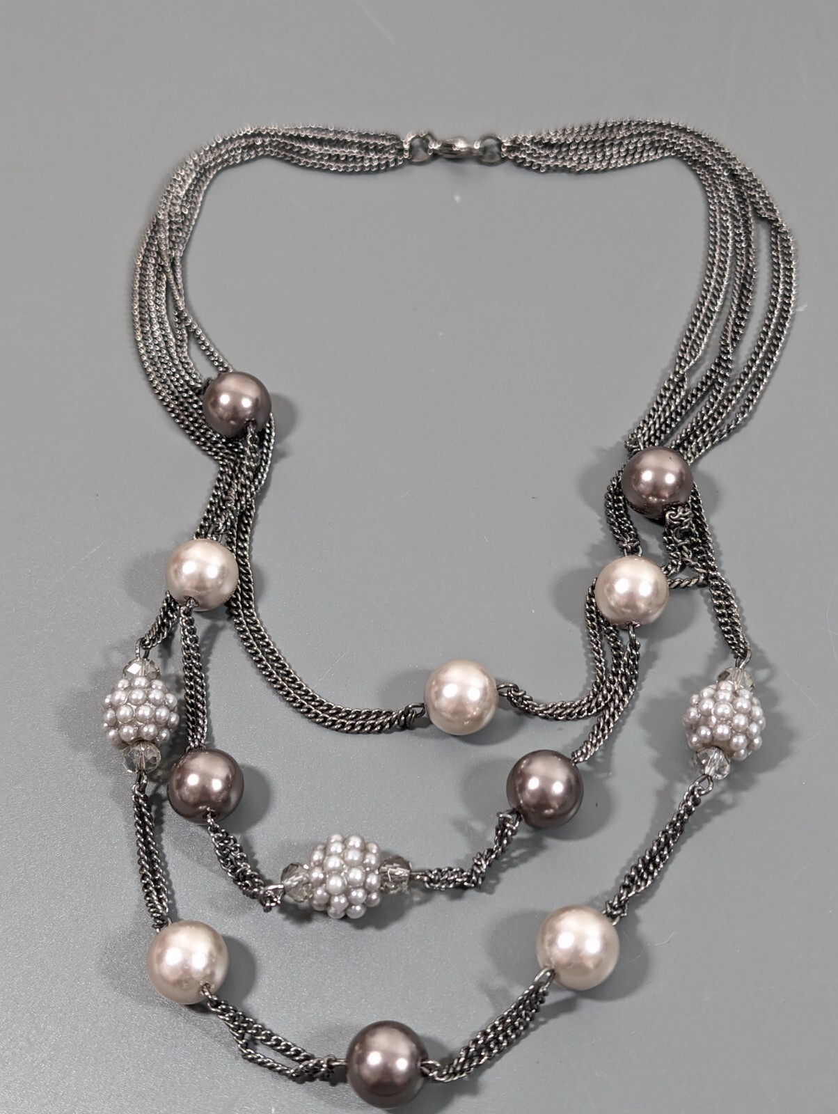 Roman Gray Faux Pearl Station Multi Chain Layered Statement Neckalce Whimsigoth