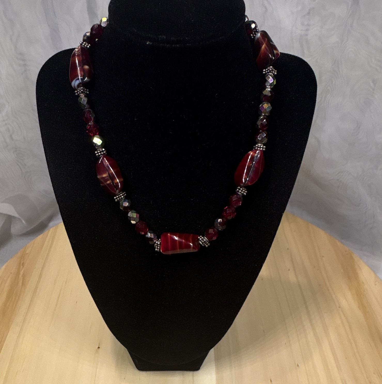 Red Beaded Necklace, Barrel Stones, Hook tested for sterling silver not marked