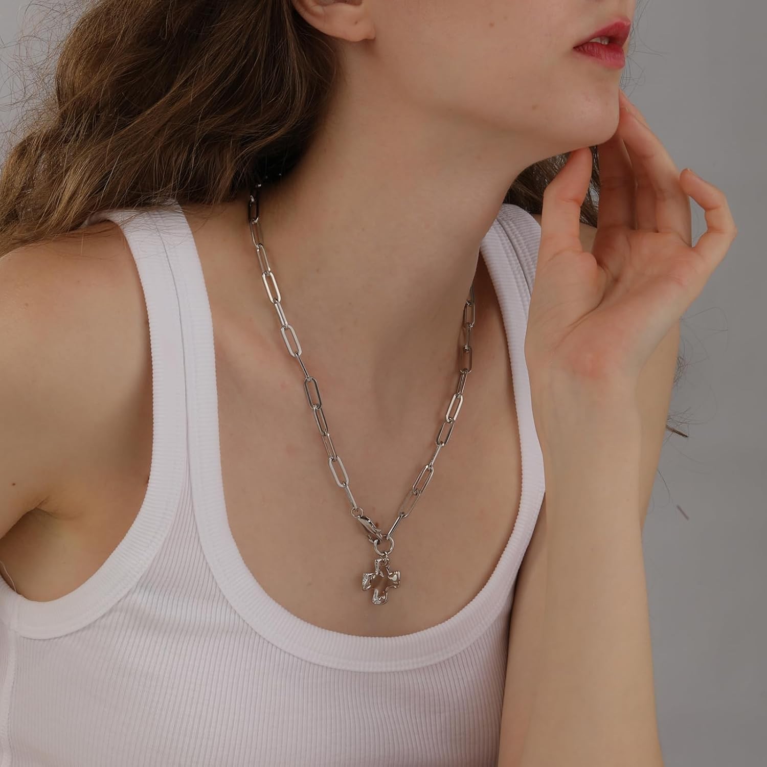 Statement Silver Chunky Hammered Cross Pendant Necklace Trendy Paperclip Chain