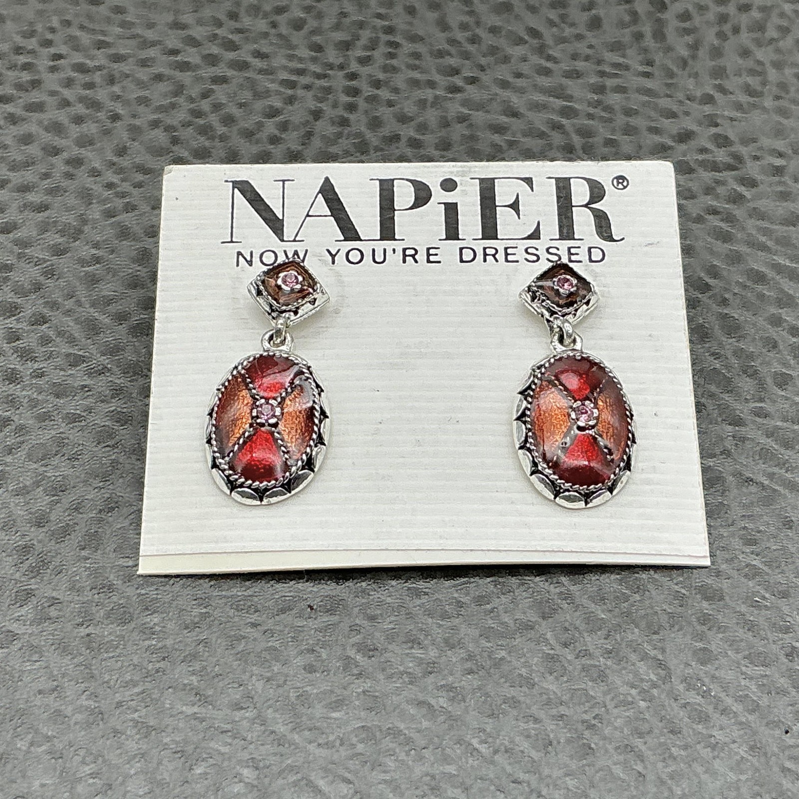 Napier Earrings Red Oval Dangle Drop Womens Enamel Pink Crystal Jewelry 1 Inch