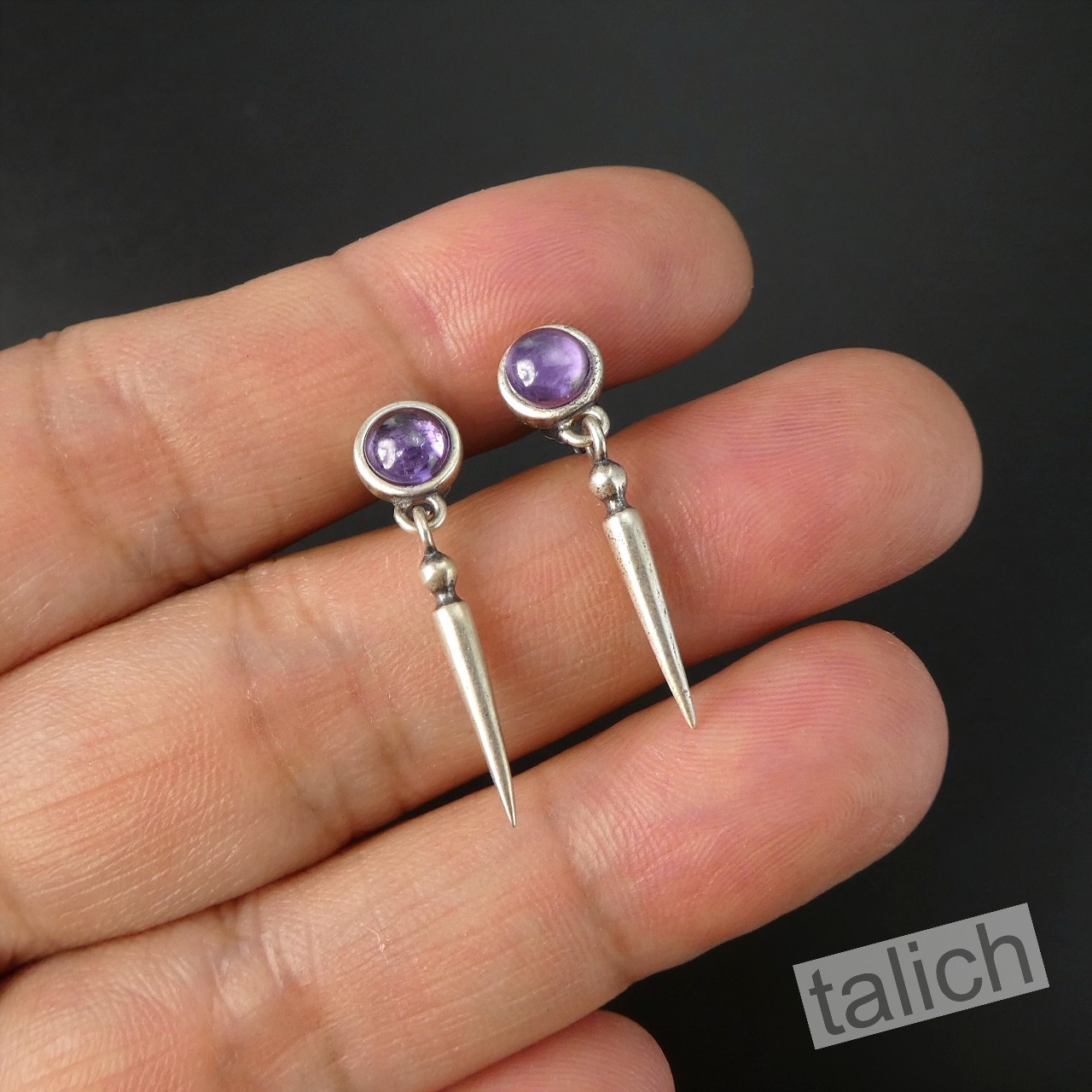 925 Sterling Silver Small Amethyst Stud Earrings with Spike Drop Minimal Unique