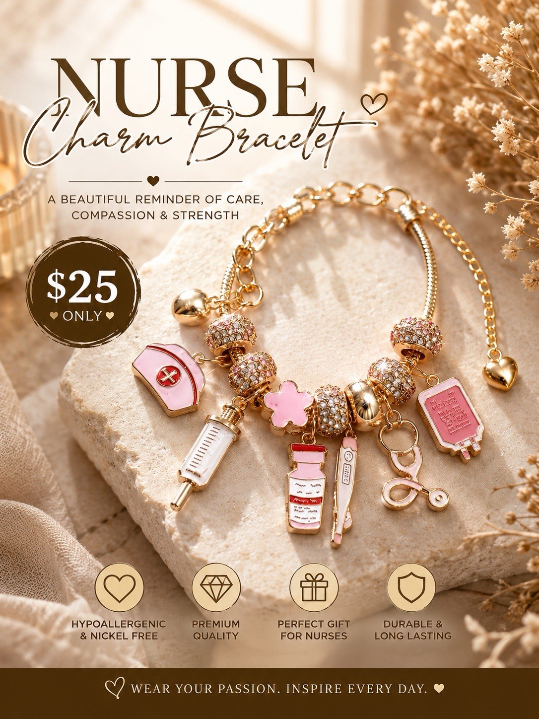 Nurse Gold Tone Pink Enamel Dangle Charm Bracelet Clear Crystal Cable Lobster