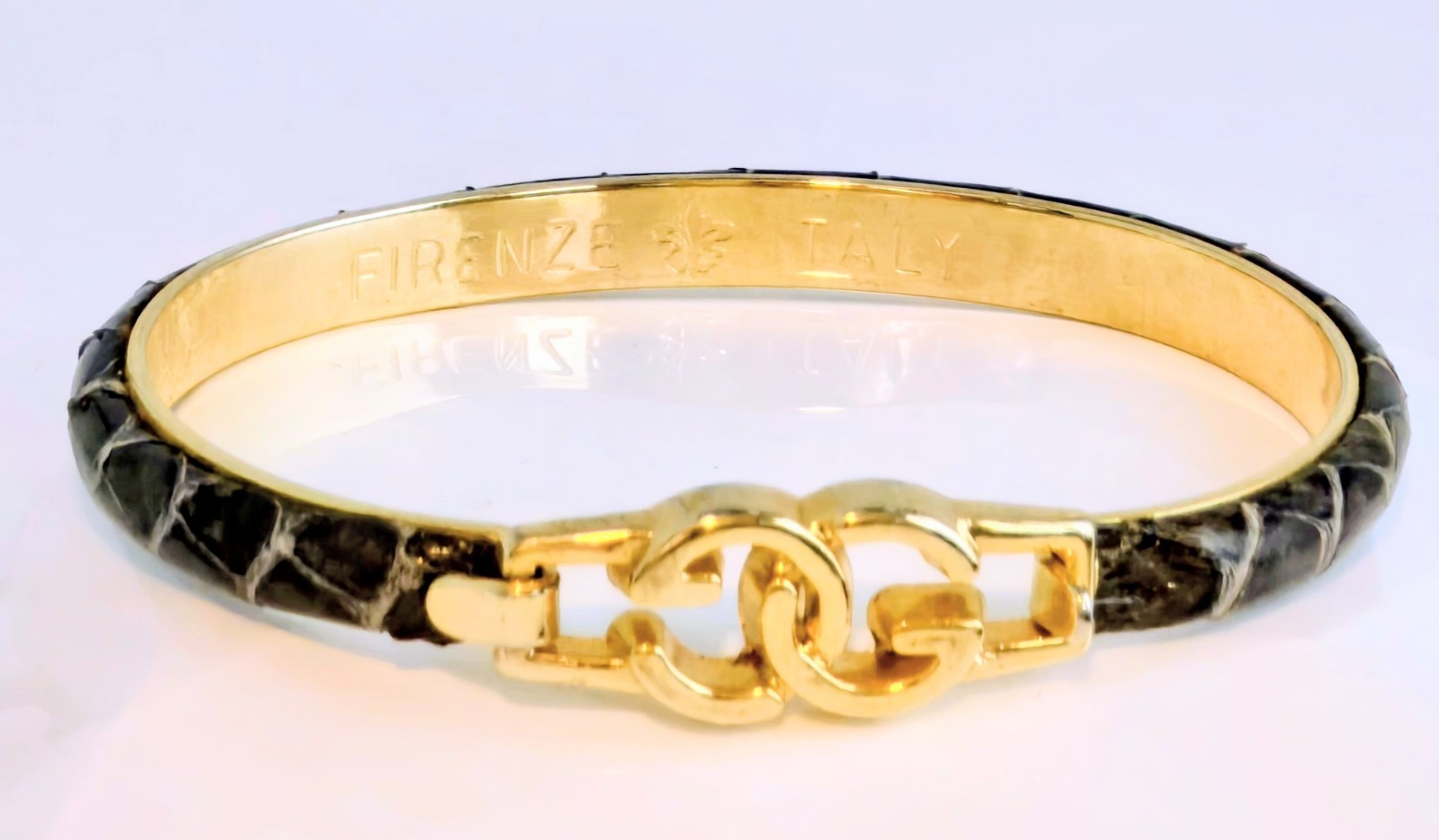 GUCCI SNAKESKIN BROWN GOLD-PLATED FIRENZE ITALY BANGLE BRACELET☆EC☆GUCCI LOGO