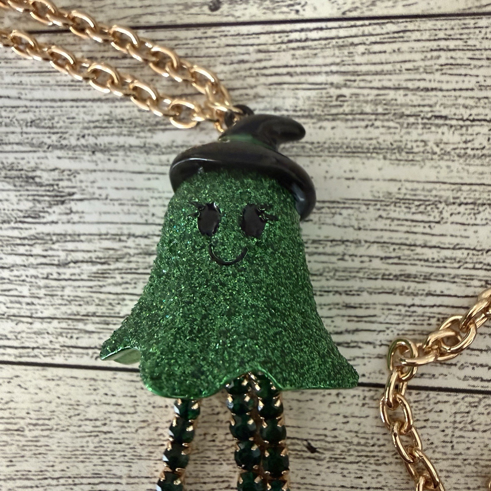 Betsey Johnson Halloween Green Glitter Ghost Rhinestone Witch Necklace NWT