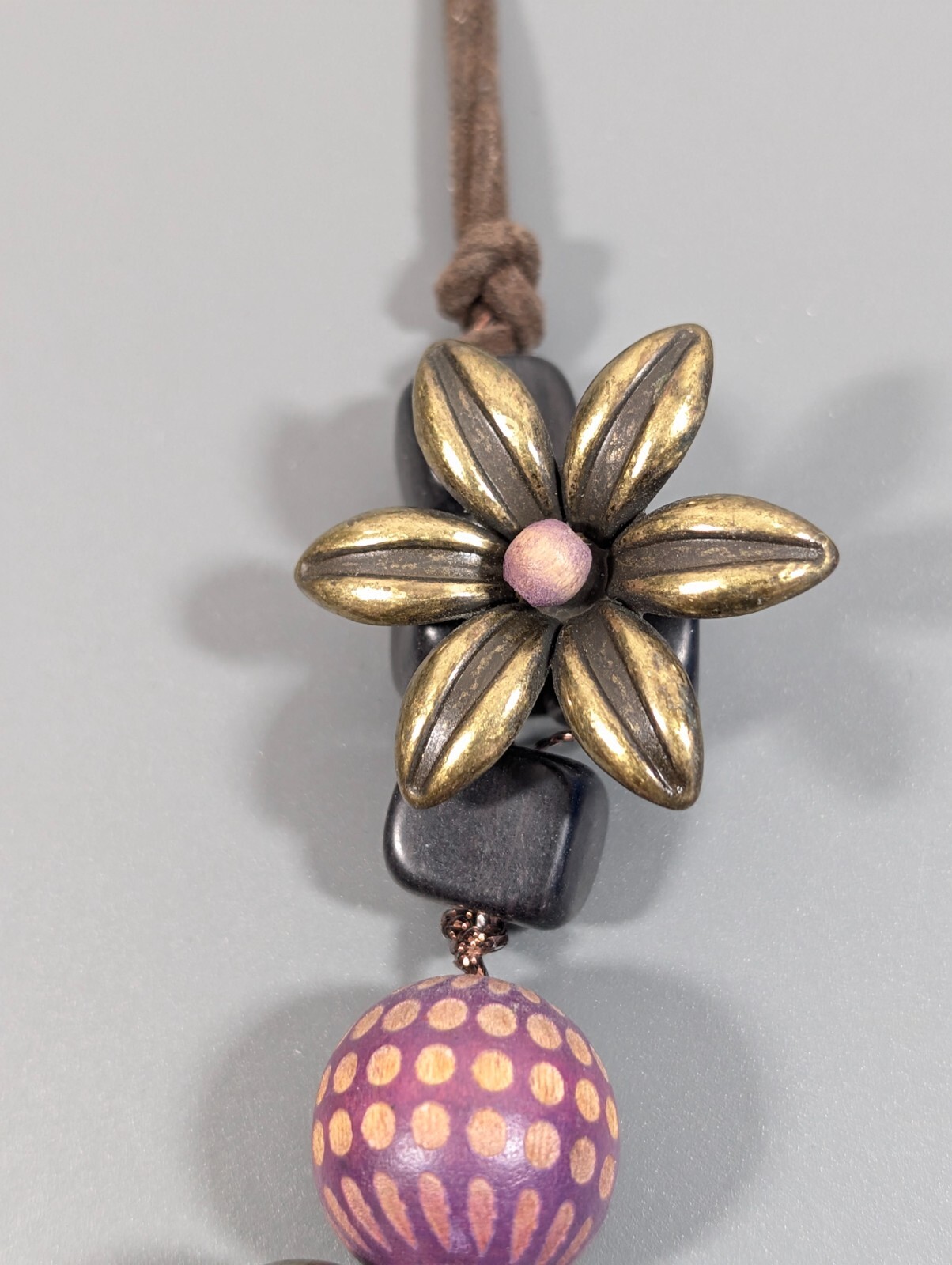 Boho Purple Bronze Tone Flower Beaded Filigree Ball Wood Cord Necklace 23 in