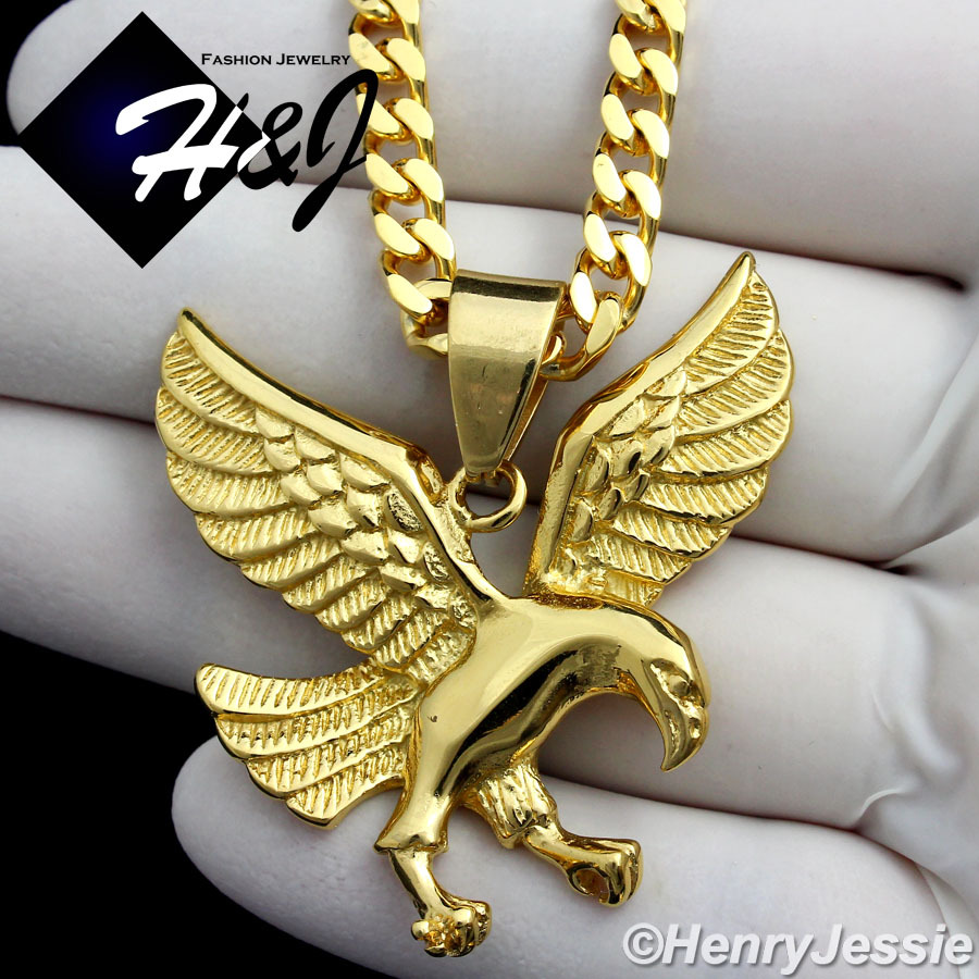24″MEN Stainless Steel 5mm Gold Plated Cuban Curb Necklace 3D EAGLE Pendant*GP95
