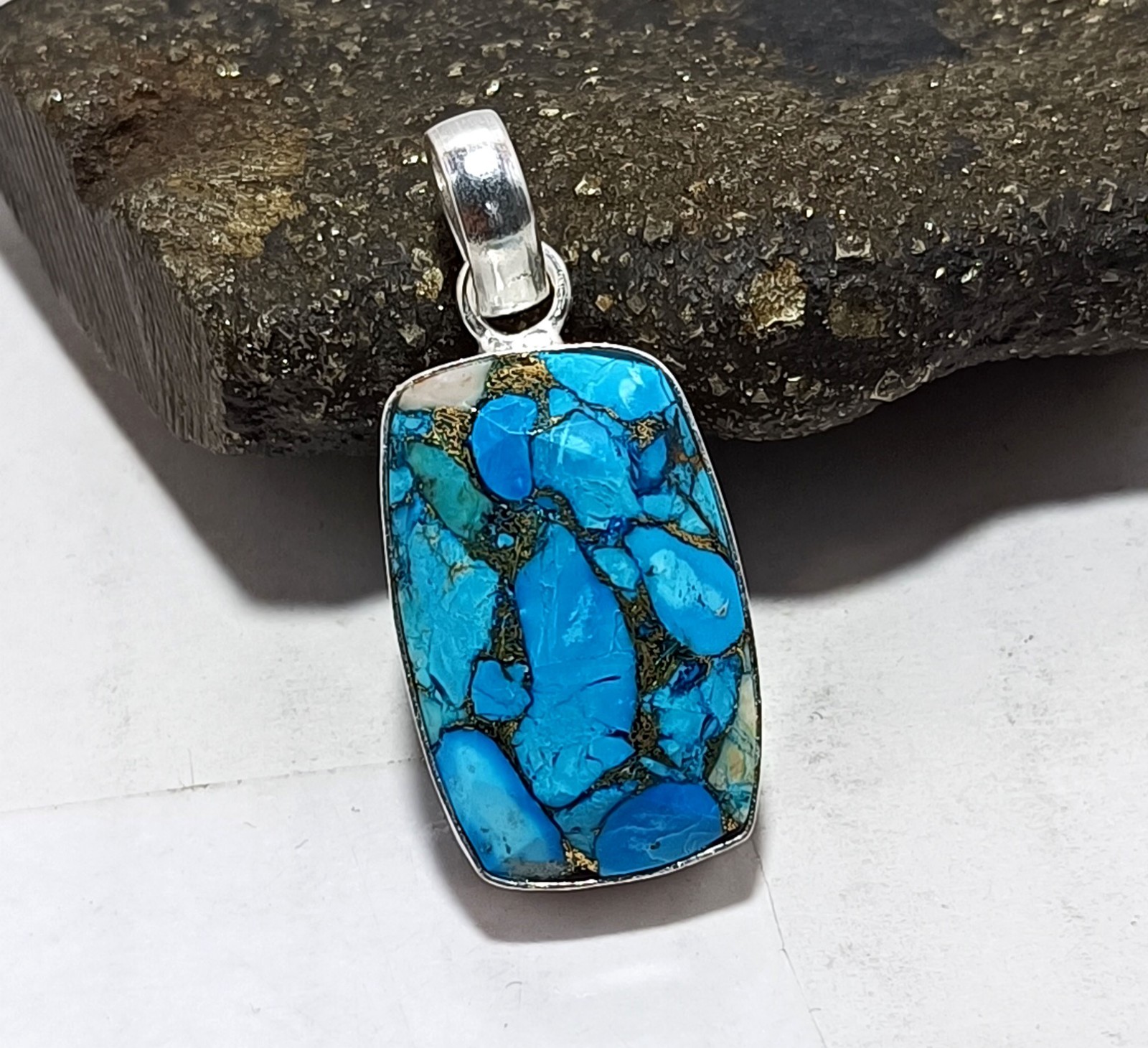 38.45Ct Copper Turquoise Gemstone Sterling Silver Handmade Jewelry Pendant Gift