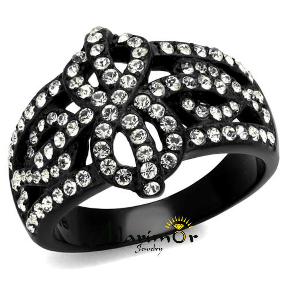 Stainless Steel Black Ion Plated Bow Design Crystal Fashion Ring Women’s Sz 5-10