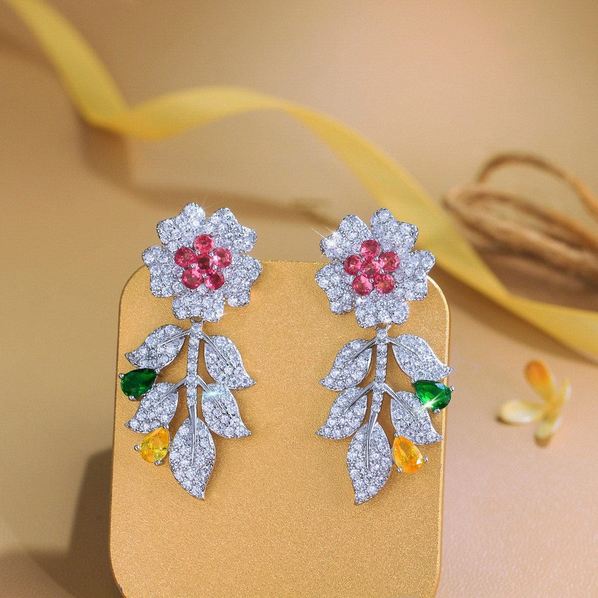 Exquisite Silver Plated Cubic Zirconia Flower Leaf Drop Earrings Wedding Jewelry