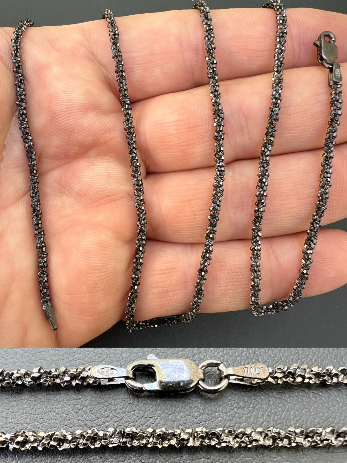Black Rhodium Real 925 Silver Twisted Rock Sparkle Rope Chain Necklace 14-24″