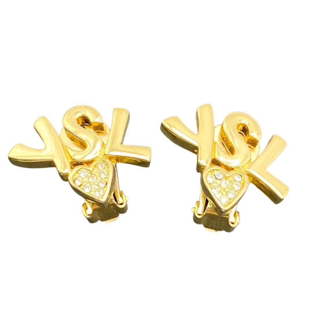 Yves Saint Laurent YSL Heart Earrings Gold Rhinestone from Japan HJ