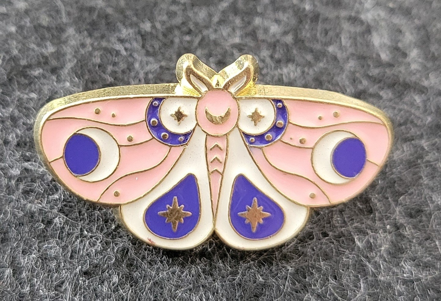 Pink Stars And Moons Moth Pin- Pink, Purple, White, Gold Tone Metal- New