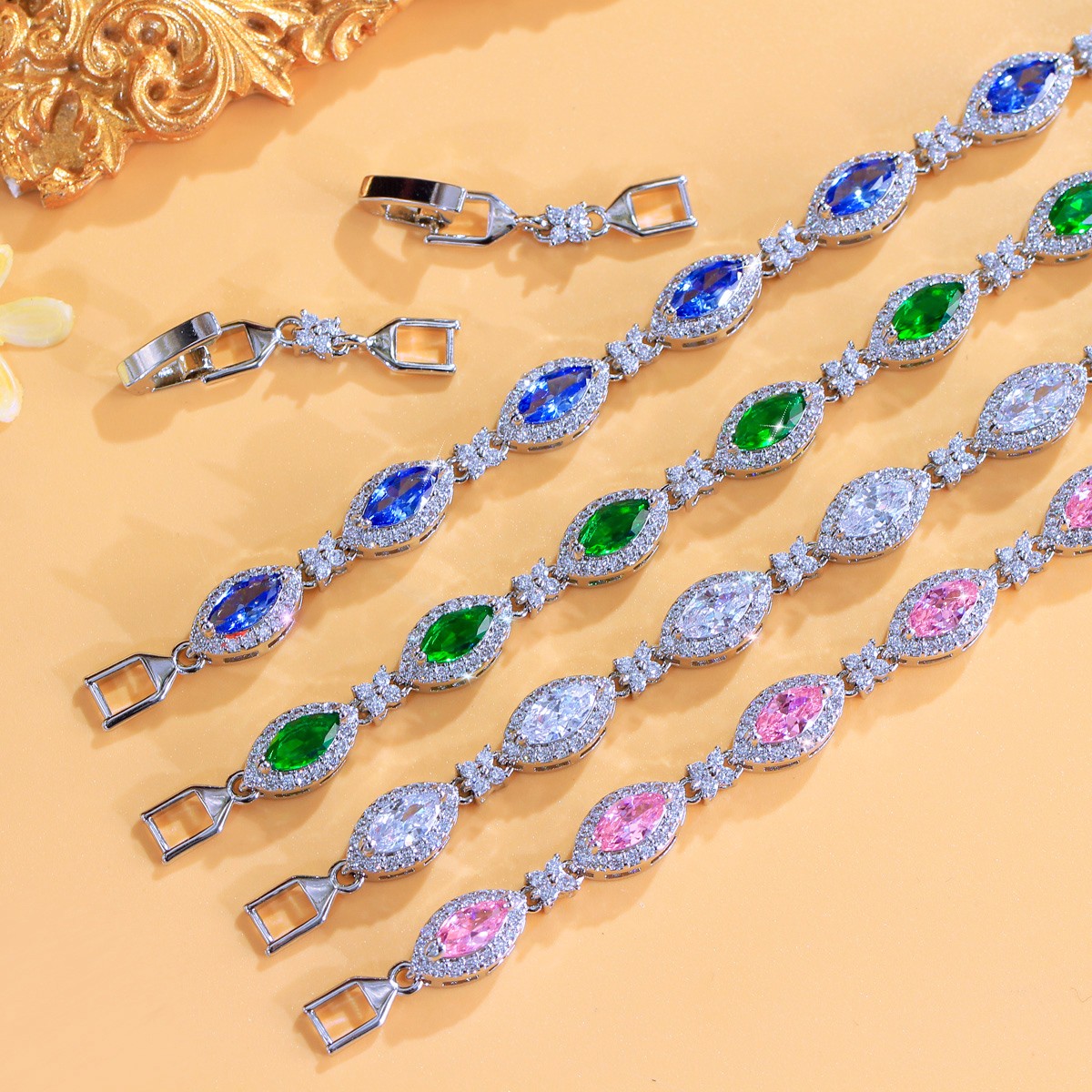 Silver Plated Green Marquise Cubic Zirconia Flower Link Chain Bracelet for Women