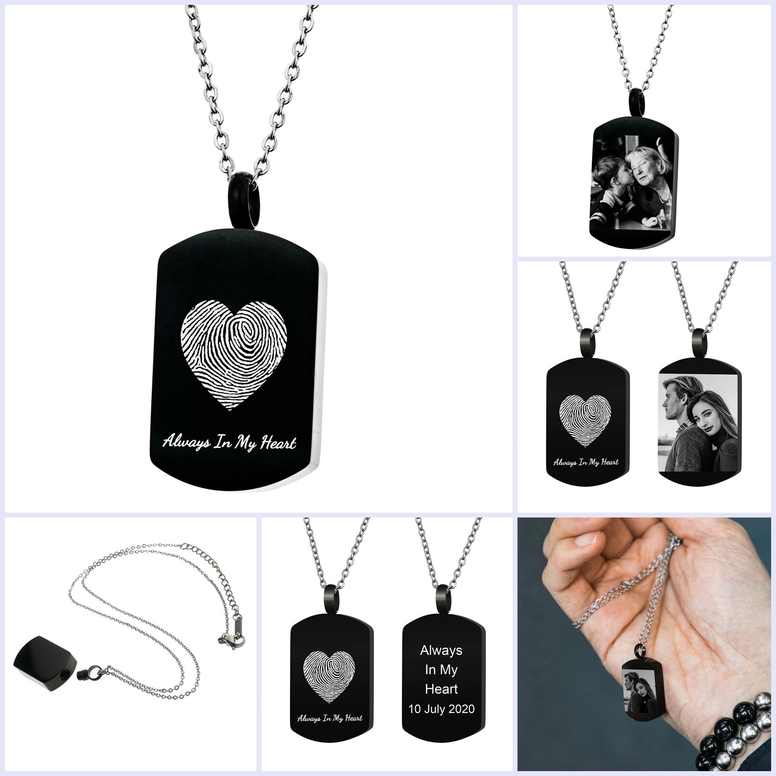Personalized Heart Fingerprint Photo Text Custom Engraving Urn Memorial Necklace