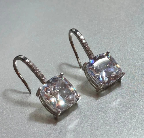 3CTW Simulated Diamond Cushion Drop Earrings 10k White Gold Plated Elegant Gift