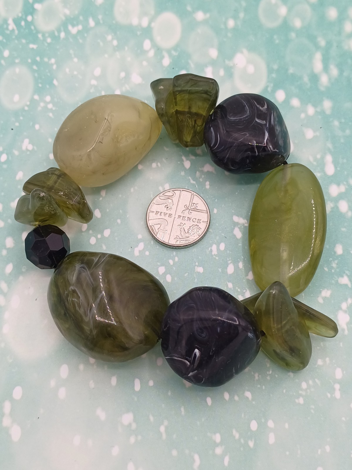 Chunky Green And Grey/Black Mixed Shaped Beaded Elasticated Stretch Bracelet