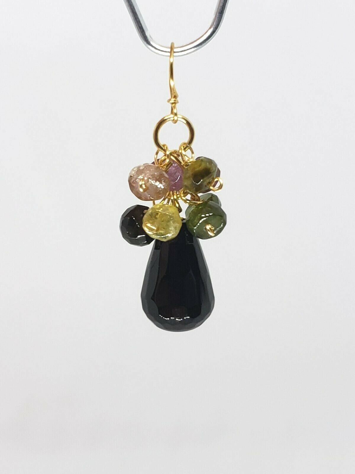 14k Yellow Gold Black Onyx Briolette and Watermelon Tourmaline Cluster Pendant