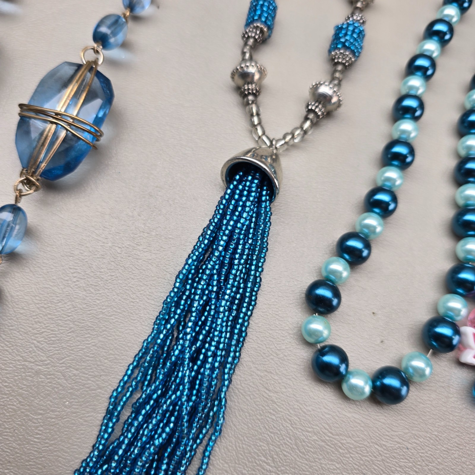 Blue Necklace Lot Green Beaded Statement Tassel Faux Pearl Glass